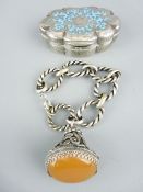 AN UNTESTED WHITE METAL & ENAMEL LIDDED BOX, 8.5cms across and a plated rope twist bracelet with a