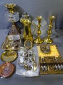 TWO VINTAGE OIL LAMPS, one with an etched shade, brass candlesticks, flatware and similar items