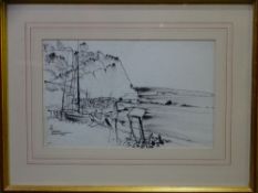 ... BEAR ink/colourwash - busy beach scene with cliff and figures in boats, signed and dated 1955,