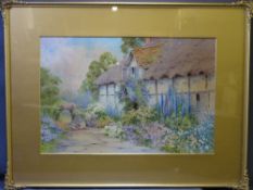JOHN ABERNETHY LYNAS GRAY watercolour - thatched cottage scene with floral bedecked garden,