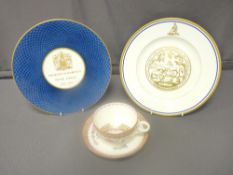 ROYAL WORCESTER - floral decorated white China moustache cup and saucer and two commemorative