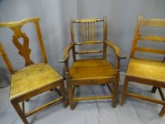 THREE ANTIQUE OAK FARMHOUSE CHAIRS including armchair example, 57cms wide