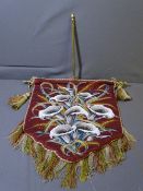 VICTORIAN BEADWORK PANEL in banner form attached to a fancy brass effect hanging bar