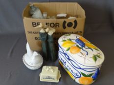 LARGE COLOURFUL BREAD CROCK, a pottery hen on nest and other kitchen ware and storage jars ETC