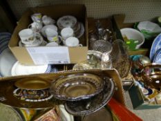 TWO BOXES OF EP & OTHER METALWARE, glassware, playing cards, a board game, vintage and other