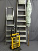 TWO SETS OF ALUMINIUM FOLDING STEP LADDERS, a metal trolley and a garden table parasol