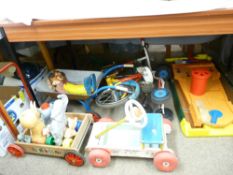 VINTAGE COLLECTION OF CHILDREN'S TOYS & GAMES to include a bicycle, two scooters, mini wheel barrow,