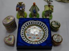 FOUR FRENCH CERAMIC PILL BOXES, three Staffordshire type cottages and a boxed porcelain dish