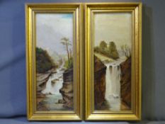 THOMAS BOOTH oils on canvas, a pair - river studies with waterfalls, both signed and dated 1902,