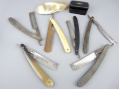 COLLECTION OF VINTAGE CUT THROAT RAZORS with a horn oval snuff box and a papier mache example