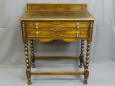VINTAGE OAK CUTLERY CANTEEN TABLE, having two drawers on barley twist supports, interior label for