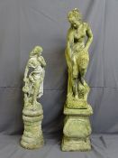 TWO RECONSTITUTED STONE ORNAMENTAL GARDEN FIGURINES on associated stands, 128 and 96cm heights