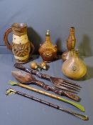 BOX OF TREEN ITEMS and drinks decanters ETC