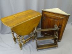 NEAT ANTIQUE OAK WALL HANGING CORNER CUPBOARD, 76 x 59cms, an oak barley twist gate-leg dining