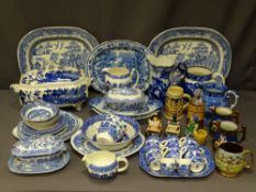 GOOD SELECTION OF BLUE & WHITE DINNERWARE, mainly 'Willow', a quantity of decorative jugs and