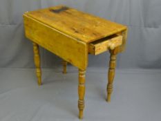ANTIQUE STRIPPED PINE TWIN-FLAP KITCHEN TABLE with end drawer, 75.5cms height, 82.5cms length, 46cms