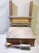 AN UNUSUAL SLOPE FRONT OAK BOX and a vintage tipstaff, the box top section with crimping/holding rod