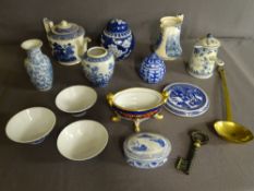 PARCEL OF MIXED BLUE POTTERY & CHINA, a long handled brass ladle and a reproduction metallic large