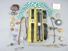 COLLECTION OF VINTAGE & LATER JEWELLERY, STICK PINS & WATCHES including a 9ct gold cased ladies'