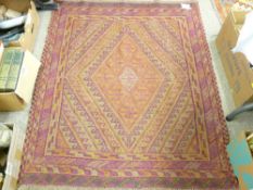 CAZAK RUG, muted wine ground with central diamond and chevron panel with triple bordered edge, 123 x