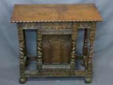 NEAT OAK TABLE CABINET with barley twist and carved detail (ex table), 65cms height, 76cms width,