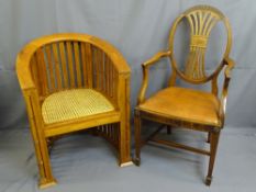 REPRODUCTION HEPPLEWHITE STYLE MAHOGANY ARMCHAIR and a modern barrel back type armchair with cane