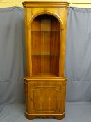GOOD YEW WOOD REPRODUCTION CORNER DISPLAY CABINET with moulded details, 193.5cms height, 75cms