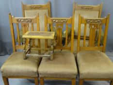 EDWARDIAN OAK SALON SUITE OF LADIES & GENTS ARMCHAIRS and three side chairs, all with Art Nouveau