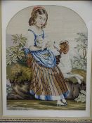 LARGE GILT FRAMED VICTORIAN TYPE TAPESTRY of a young seated girl with dogs, 110 x 88cms