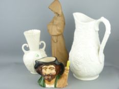 FOUR ITEMS OF COLLECTABLE POTTERY & PORCELAIN to include a Belleek twin-handled vase, 20cms, a