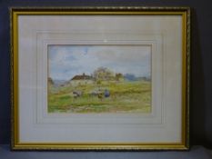??? HAYES watercolour - farmstead with seated farmer tending his sheep, indistinctly signed, 16 x
