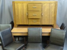 MODERN TEAK EFFECT DINING SUITE of table, 71cms height, 150cms length, 90cms width, six leather