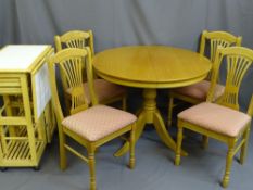 LIGHTWOOD CIRCULAR PEDESTAL DINING TABLE & FOUR CHAIRS and a compact tile top kitchen table and