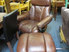 BROWN LEATHER/LEATHER EFFECT SWIVEL & RECLINING ARMCHAIR and matching stool