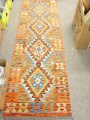 VEGETABLE DYE WOOL CHOBI KELIM RUNNER, vibrant multi-colour ground with central repeating diamond