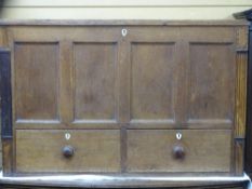 ANTIQUE OAK LIDDED CHEST with twin lower drawers, 77cms height, 120cms width, 50cms depth
