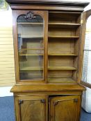 VICTORIAN MAHOGANY BOOKCASE CUPBOARD, twin upper-glaze doors with adjustable interior shelving on