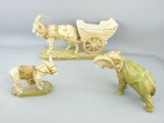 THREE ROYAL DUX ANIMAL FIGURINES to include a goat pulling a cart, 33cms long, No 901 (