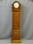 EARLY 20TH CENTURY INLAID MAHOGANY GRANDMOTHER CLOCK with coiled gong strike movement, 139cms