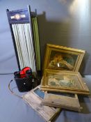 TWO VINTAGE WASHBOARDS, a small folding screen and a pair of framed prints of young boys