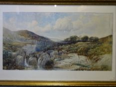 ALBERT PROCTER watercolour - countryside scene with waterfalls, rocks, river and trees on horizon,