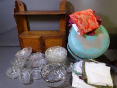 MIXED LINEN, a parcel of quality glassware, a hanging wall rack and vintage pouffe