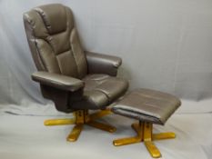 MODERN BROWN SOFT LEATHER EFFECT RECLINING SWIVEL ARMCHAIR with matching foot stool, 100cms