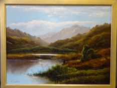 S LESLIE oil on canvas - Highland landscape with fishermen on a bank, signed, 36.5 x 49 cms and A