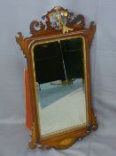 GEORGIAN STYLE MAHOGANY FRETWORK WALL MIRROR with gilt phoenix crest and sheraton shell inlay, 91cms