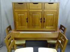 MODERN OAK EFFECT DINING SUITE of dining table with central frosted glass insert, 76.5cms height,