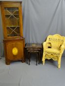 REPRODUCTION SHERATON STYLE GLAZED TOP CORNER CABINET, similarly styled set of three side tables and