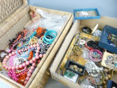 WICKER BASKET & BOXED QUANTITY OF INTERESTING VINTAGE & LATER COSTUME JEWELLERY AND NECKLACES