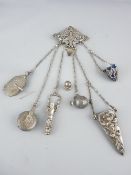19TH CENTURY WHITE METAL CHATELAINE with six attachments