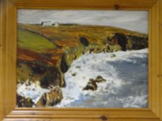 UNATTRIBUTED OIL ON BOARD of a coastal landscape, 43 x 57.5cms